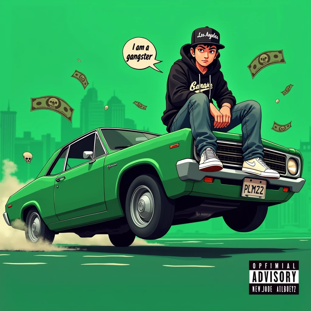 Image of a man sitting on the bonnet of a car, Yoshihiko Wada's album cover, winner of the behance contest, Doodle, official artwork, rap album cover, hip - hop album art cover, colored album art, hip hop music album cover, rap album cover art, official fanart, GTA Cover, hip hop album cover, album art cover, Cartoon character, oriental boy, Running car, Green background, green tea, Deep pressed black LA ball cap, white nike shoes, Black LA Hoodie, Baggy jeans worn down, black neighborhood, Skull, drug, The city seen from behind, korean, white smoke, Headlight light, Troublemakers, Bad boy, Flying money, Write I AM GANGSTER like a character speech bubble