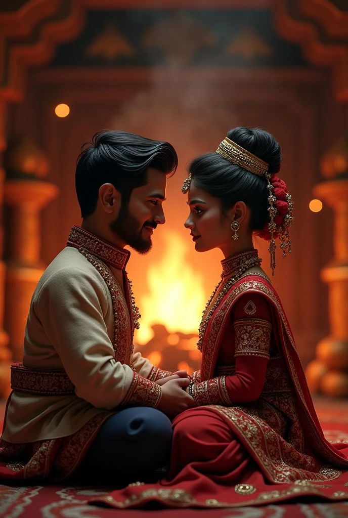 Bride and groom seat in front of fire in nepali weeding