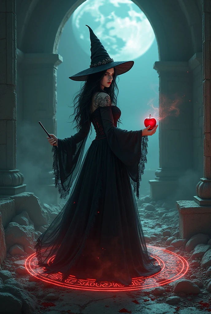 beautiful witch, black hair, red eyes, poisoned apple, magic wand, old castle, moonlit night, bewitching pose, shadows, dark background, sorcerer, black magic, ruins of an ancient civilization, spell, magic circle, dark power, mystical aura, dark ritual, gothic ta fashion, old castle, full moon, blood, loneliness, melancholy, shadow, digital art