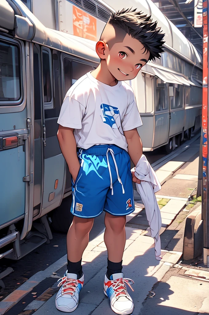 (Shota:1.5),(((Highest quality))),(((masterpiece))),(((Very detailed))),(((High resolution))),One person,Short sleeveＴshirt,Short shorts,White socks,Blue sneakers,Cheerful boy,Japanese,Buzz Cut,(((Spiked Hair))),Black Hair,(Point pupils),Skinny body,Baby Face,smile