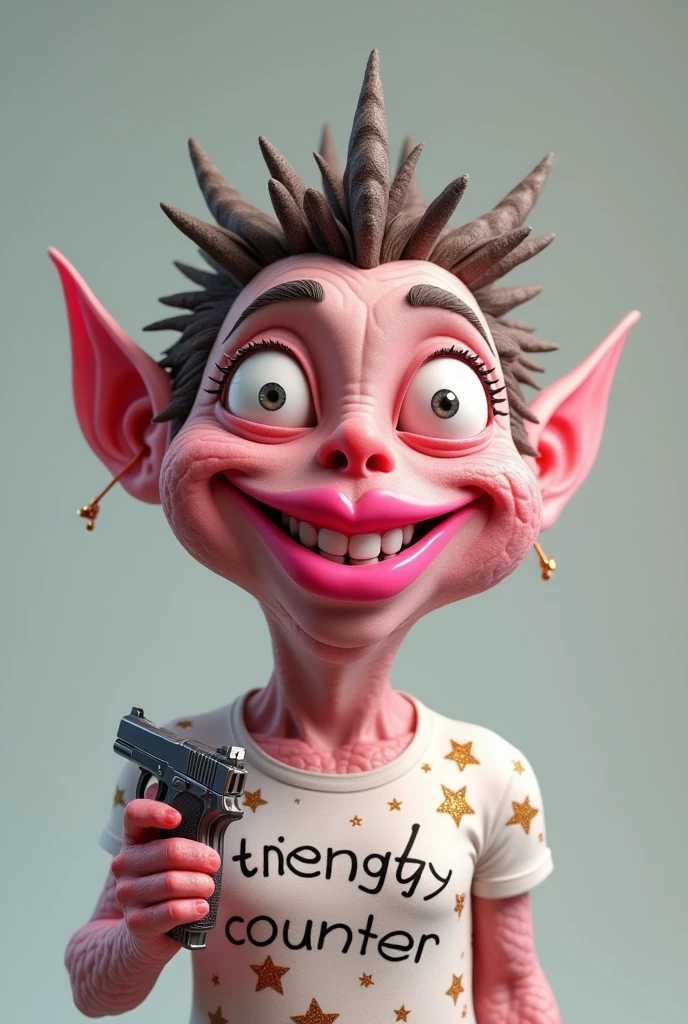 3D caricature, strange, pink lips, scaly skin, stars on the front of the shirt that says "trendy counter" carrying a cute gun, smiling sweetly at the camera and winking at the camera.