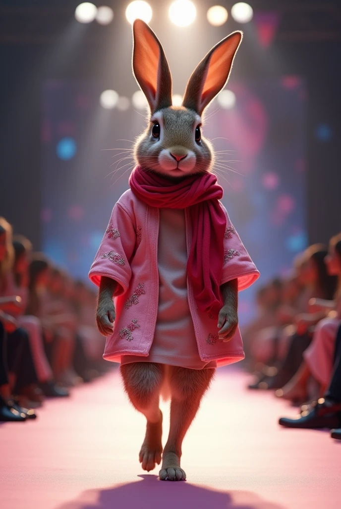 A beautiful rabbit wearing pink and red cloth walking down the runaway at a fashion show