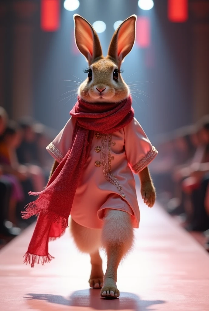 A beautiful rabbit wearing pink and red cloth walking down the runaway at a fashion show