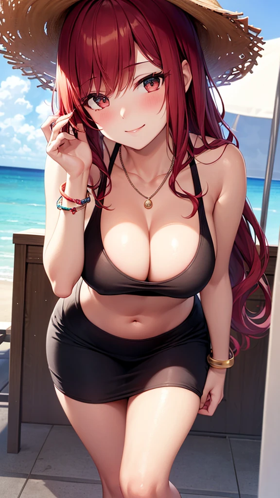 masterpiece, best quality, high detail, beautiful woman, solo focus, long wavy hair, red hair, large bust, (brown tank top), red midi pencil skirt, necklace, bracelet, midriff, navel, wide hips, looking at viewer, leaning forward,  sneakers, full-face blush, light smile, beach, summer,  cloudy sky,