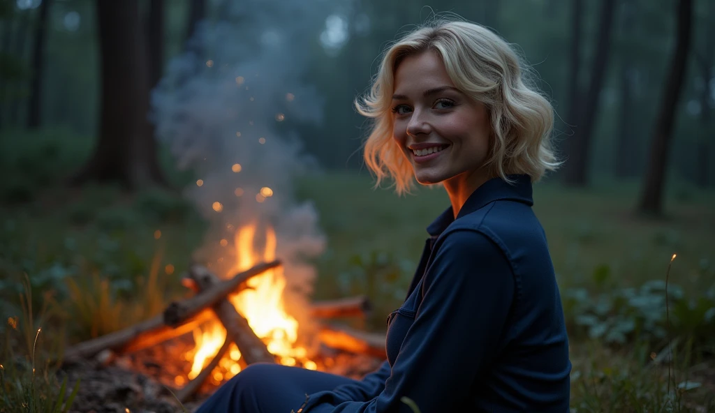 masterpiece, best quality, extremely detailed, hyperrealistic, photorealistic, a beautiful 20s french model, in the night:1.2, warm hue, warm tone, navy long sleeve shirt:1.2, with stars and milky way trails:1.1, sitting near campfire, in forest, real steam visible, smoke, shadows, tent, ultra detailed face, wavy hair, blonde hair, pale skin, busty breasts, joyful smile:1.1, dynamic pose