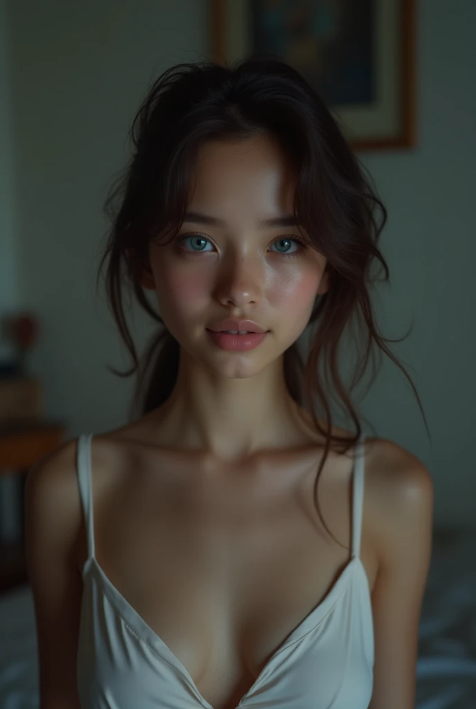 Cute eighteen , brunette, young, eye contact, nighttime, smiling, smile, young girl, thin legs, skinny, eighteen, sweet, closed mouth, mouth closed, slim, tiny body, 18, blonde, bright blue eyes, photo real, photorealistic, naked, nude, topless, soft nipples, night, nighttime, bedroom, standing,