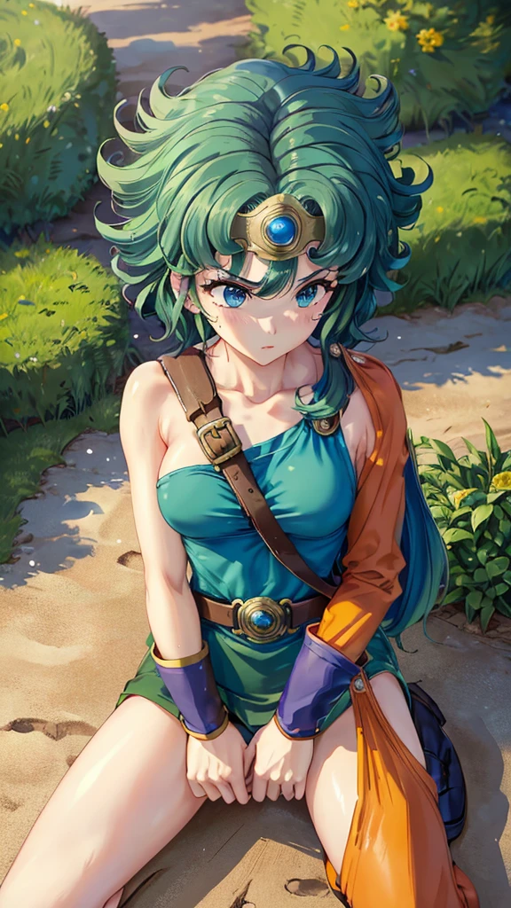 (((SFW、sound、Highest quality、Top notch work、Normal body、、Detailed face、Ultra-precision、Normal hand、のrefer、5refer、Highest)))、beautiful girl、Green Hair、yamato nadeshiko、Small breasts、Shortcuts、Blue leotard、Muscular、Black paleo skirt、Red Cape、Circlet、Dragon Quest、Female Heroes、 Fight、Fight準備完了、 (((Sit on the ground with your knees up:1.5)))、((Executed perfectly:Frame yourself from head to toe,Standing posture,Draws in great detail、There is no anatomical problem))、forest