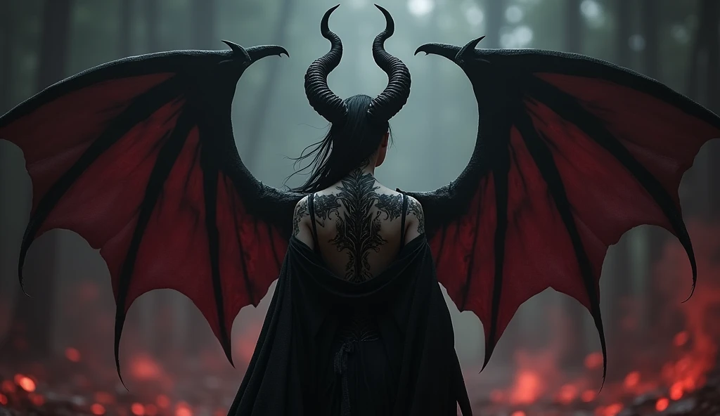 Dark Style,Queen,Horns on head,Devil wings behind,Black and red color,Stand with your back up,Head side view,exposed