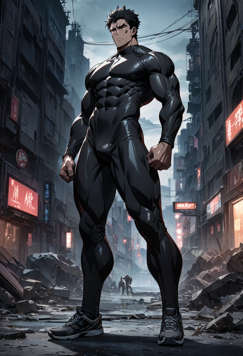 masterpiece, best quality, 8K, ultra res, extremely detailed,, The background is a dark nighttime cityscape with buildings and ruins. A 30-year-old man standing with his hands on his Waist. Full body. Anime illustration style. Muscular. Strong face. Black hair, cut very short. Black eyes, expressionless. Must be clad in a tight, plain black spandex suit.