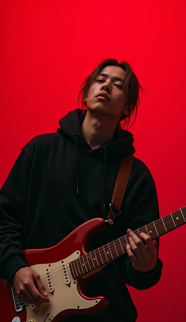1 Japanese male ager with long light brown hair tied back and wearing a black hoodie playing guitar,HD,4k, realistic,afternoon,Full Body Angle, Red background, face looking at the camera with a flat expression and a cold gaze and head pose slightly tilted upwards