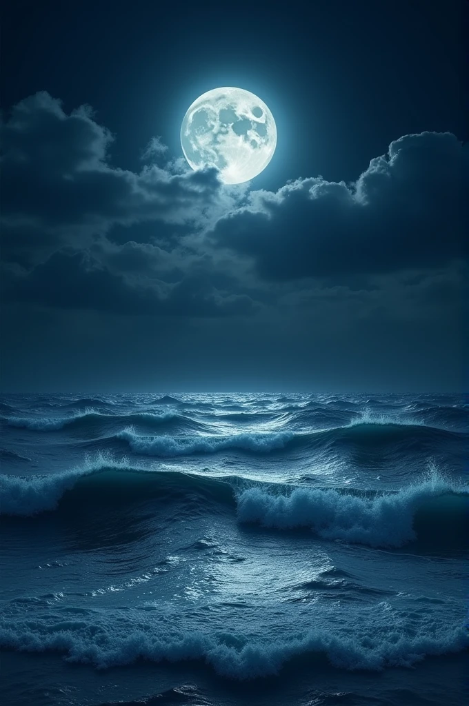 A moving ocean with a dark night and a bright moon