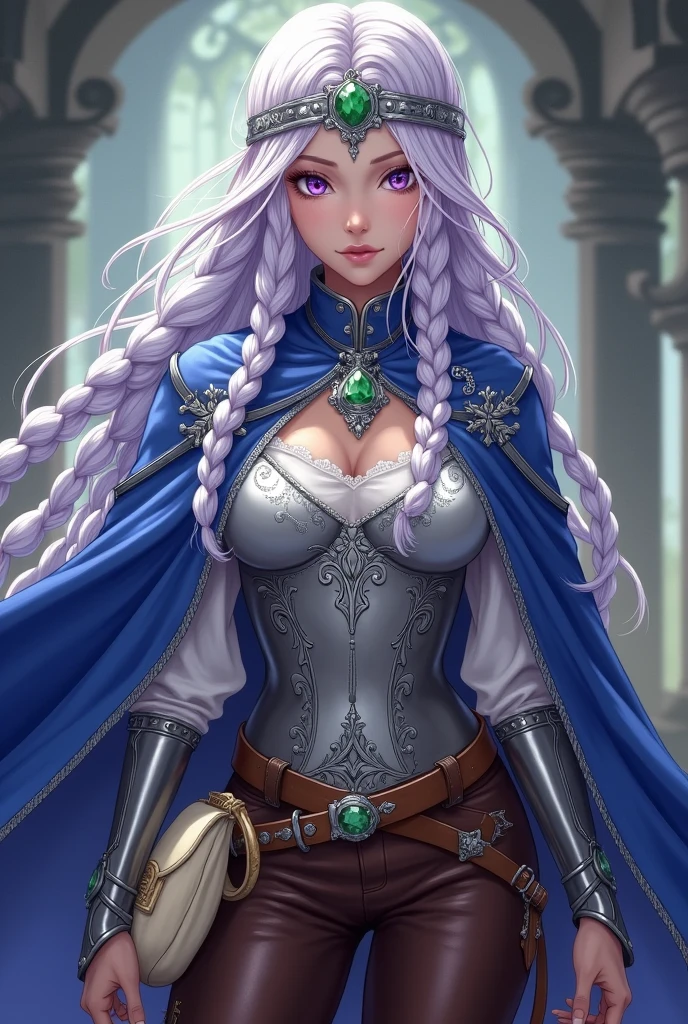 Lavender eyes. Magician People Woman, with long braided white hair.  Blue cape decorated with silver embroidery. White blouse, silver breastplate and brown pants and boots. Silver collar with emerald and silver headband with emerald Brown belt with cream colored bag Manga style