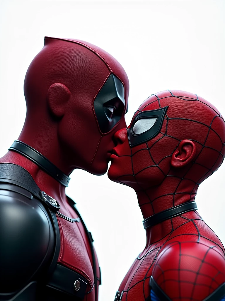 close up scene of Deadpool Kissing Spider-Man with their masks on. Very detailed. Strong white studio Lighting from the background