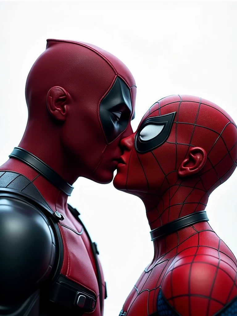 close up scene of Deadpool Kissing Spider-Man with their masks on. Very detailed. Strong white studio  Lighting from the background