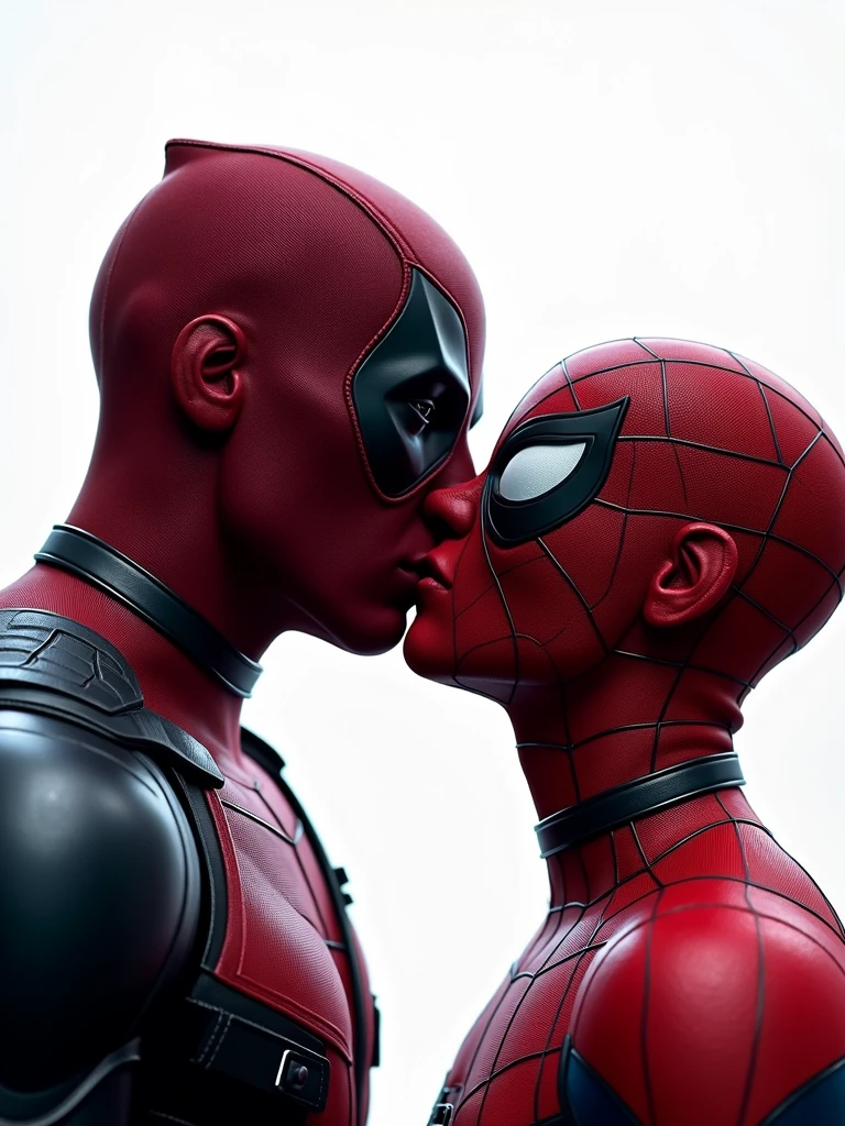 close up scene of Deadpool Kissing Spider-Man with their masks on. Very detailed. Strong white studio Lighting from the background
