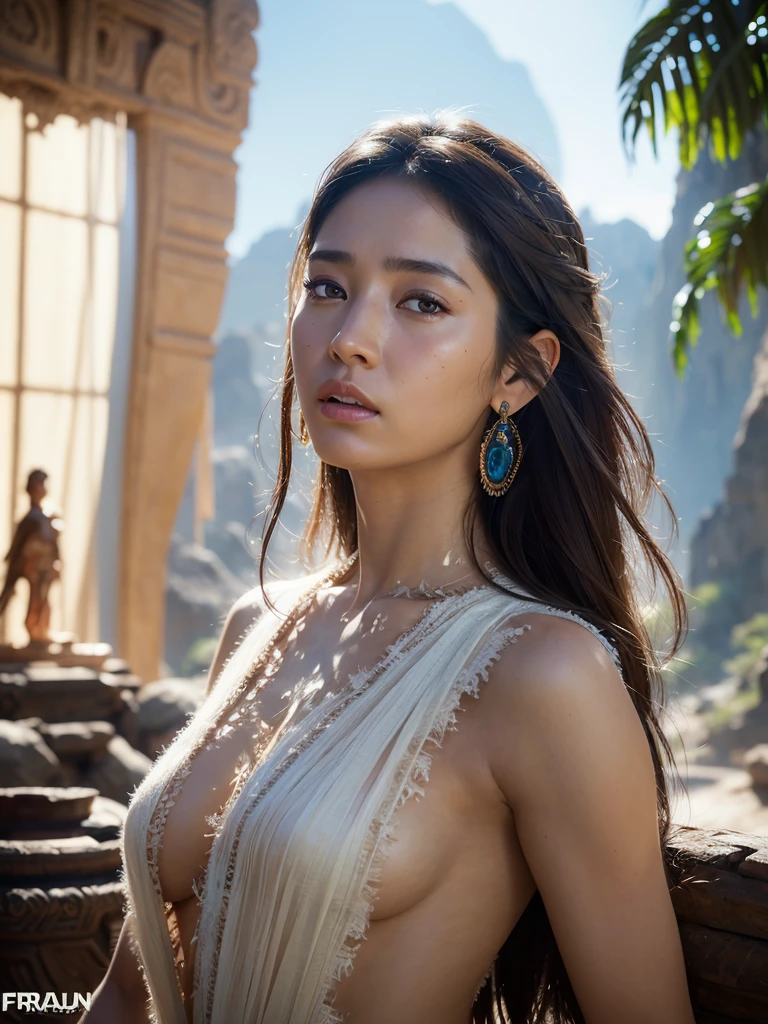 Photo, 8k portrait of a beautiful Mayan woman , brown skin ,with brown hair, translucent white dress,, very detailed, majestic, arte de artgerm y ruan jia y greg rutkowski pintura surrealist obra maestra, side lighting, beautiful finely detailed eyes: 1.2, HdR, realist, High Definition. Fantasy art style, Boris Vallejo