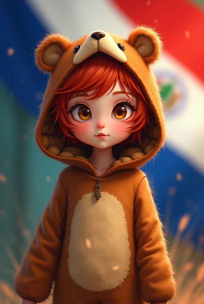 Thin girl, short, Red hair, white skin brown eyes dressed as a bear with a background of a Nicaraguan flag