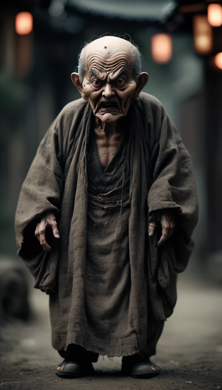 Full Body Shot、Horror-themed movie stills,Scary big-headed old man,(Head size 1:4) (Full body portrait:1.3), (Detailed old man evil face:1.4), Wearing loose Japanese clothing, Shallow depth of field, Vignette, Very detailed, High budget, Bokeh, CinemaScope, Sulky, amazing, nice, Film Grain, granular . Creepy, Anxious, dark, Creepyな, Suspenseful, strict, Very detailed