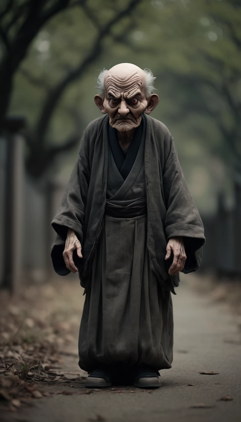Full Body Shot、Horror-themed movie stills,Scary big-headed old man,(Head size 1:4) (Full body portrait:1.3), (Detailed old man evil face:1.4), Wearing loose Japanese clothing, Shallow depth of field, Vignette, Very detailed, High budget, Bokeh, CinemaScope, Sulky, amazing, nice, Film Grain, granular . Creepy, Anxious, dark, Creepyな, Suspenseful, strict, Very detailed