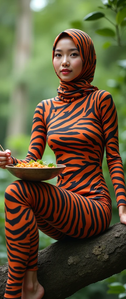 The beautiful,thin and clever asian muslimah girl with beautiful cheeks wears plains zebra print lycra turtleneck unitard catsuit covered with stripd plains zebra print lycra elastane stretchy dancewear square hijab amira covered with stripes.Shhungry when she eats nasi lemak on the tree.