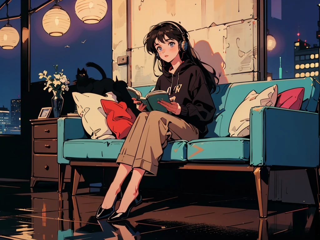 best quality, 8k, 1990s style,2010s hairstyles, 1 girl, black hair, long hair, light brown eyes, city pop, pants ,night view, wearing headphones,reading a book, whole body, relax coffee,table,confection,Looking at me, Black cat, (((full body)))