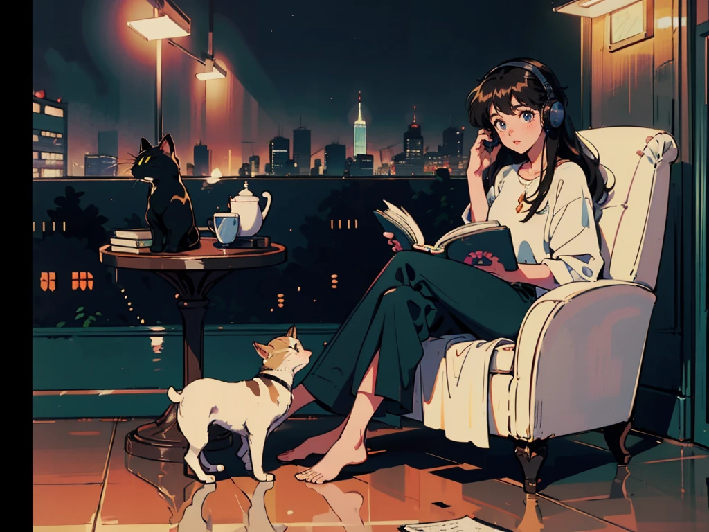 best quality, 8k, 1990s style,2010s hairstyles, 1 girl, black hair, long hair, light brown eyes, city pop, pants ,night view, wearing headphones,reading a book, whole body, relax coffee,table,confection,Looking at me, Black cat, (((full body)))