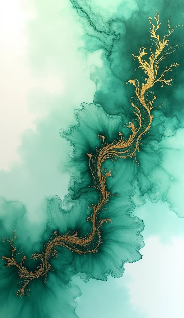 Alcohol ink with a gold leading edge in a delicate turquoise, background in green and white tones, with swirling alcohol ink patterns and golden details. The color palette includes shades of emerald, seafoam green, and pale blue, creating an elegant composition that combines fluidity and elegance. This design would be suitable for high-end branding or sophisticated designs. It could also create a calming effect on the viewer's eyes through its harmonious blend of colors and flowing lines in the style of an abstract painter.