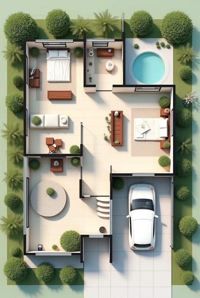 The floor plan of a 120 meter storey house has 1 bedroom, 1 bathroom, 1 prayer room, 1 dressing room, 1 staircase, 1 garage, 1 front garden, 1 back garden, 1 minimalist terrace, 1 living room.