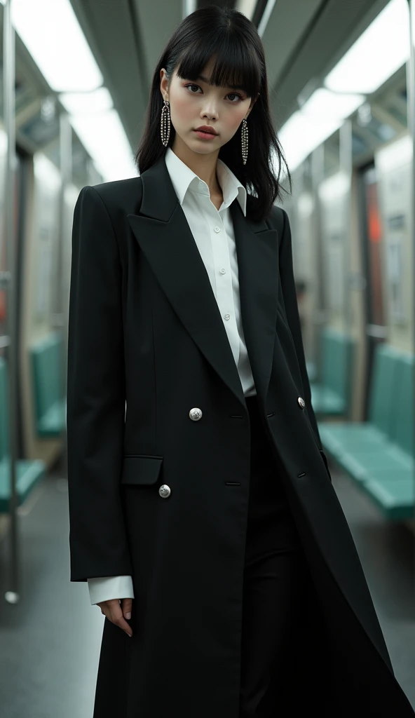 (Blunt bangs, Princess Bang))), (((Very heavy,Voluminous bangs:1.1))),(((very long, Very heavy,Very voluminous side locks:1.1))),, Hime cut, Straight bangs hairstyle, People with round faces and plain bangs, dull with long hair、Bangs cut straight,))High Fashion Portrait, (Highest quality, detailed,masterpiece:1.2), Realistic, 1 person, Beautiful woman, Full Body Shot, Fashion Model, Dynamic pose, break small head, break (detailed buttocks, detailed legs, detailed body line, tight small breasts, Very small waist, Tight little ass, Beautiful muscular legs, Beautiful legs, Creates a sculptural beauty:1.2), Beautiful white, silky skin, A slim and beautiful neck, (Full Body Shot, Dynamic pose:1.2), break Opt for a sleek, (((Black Japanese style jacket, White long dress shirt,Black long skirt,Black boots))) Accessorize with an abundance of statement jewelry, Includes large silver cufflinks, oversized hoop earrings, Sharp angles and a sleek finish give it a futuristic feel., break small head, detailed face, ((Full body photo))((Directly facing)))looking at the camera,masterpiece,Highest quality,8k,クレイジーなdetailed,複雑なdetailed,超detailed,super quality,High detail(((The hem of the skirt is fluttering in the wind,))Costume,))looking at the camera(Realistic、Realistic:1.37)、,Highest quality, figure, 超detailedな, finely, 完璧なダイナミックな構figure, ((Taken in the middle of a subway train)), Beautiful and fine details,Expressionless,, ,20 years old,Model body type,, ,Women are paying attention, Her face is beautiful and delicate,Showing an otherworldly beauty。,A female model standing in a subway train,, Fashion Model,looking at the camera,masterpiece,