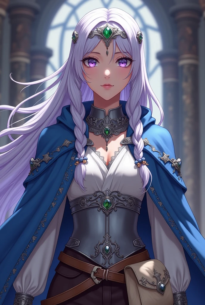 Lavender eyes. Magician People Woman, with long braided white hair.  Blue cape decorated with silver embroidery. White blouse, silver breastplate and brown pants and boots. Silver collar with emerald and silver headband with emerald Brown belt with cream colored bag Manga style
