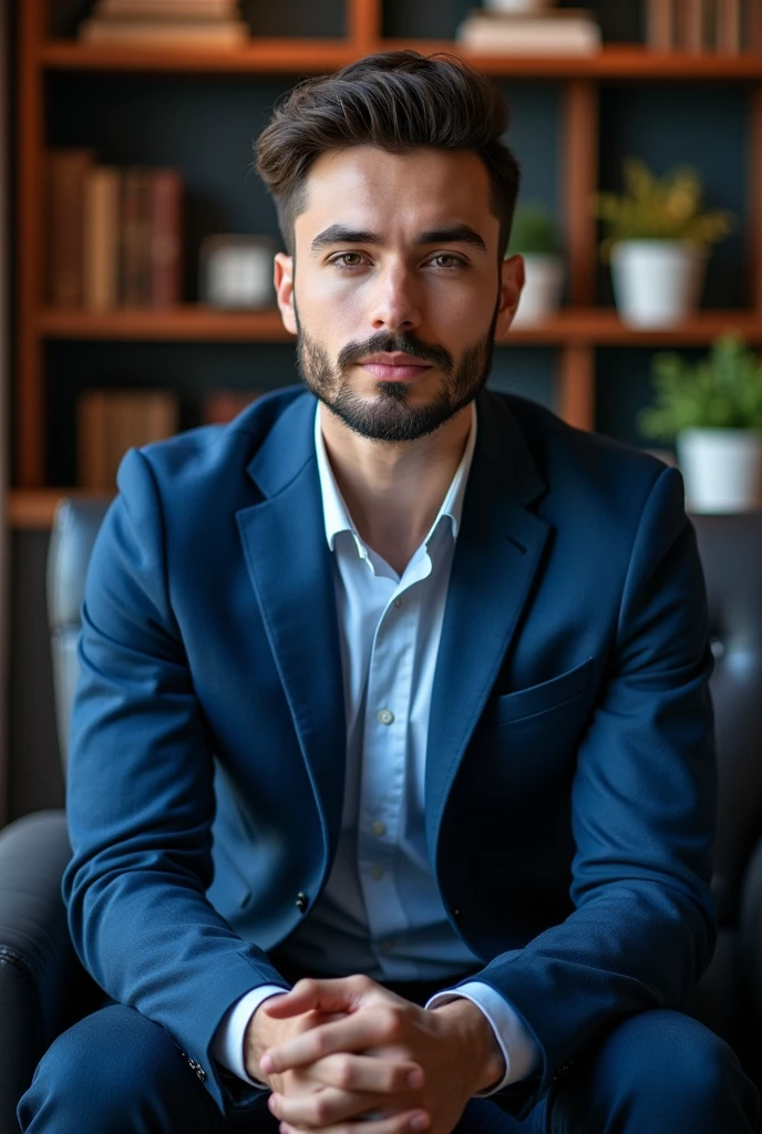 A business man, upper body photo, in a blue coat, young age, smart and handsome , attractive, premium quality, 4k quality, background books and small plants, and low light, sits on a Atterevtiv chire, back ground light light blue or red, smart face

