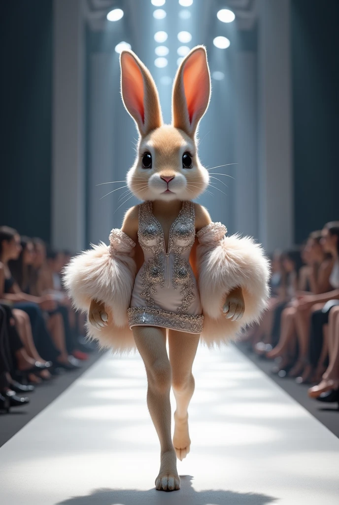 A beautiful rabbit wearing (tight mini dress), (shooting sleeve) , cloth walking down the runaway at a fashion show