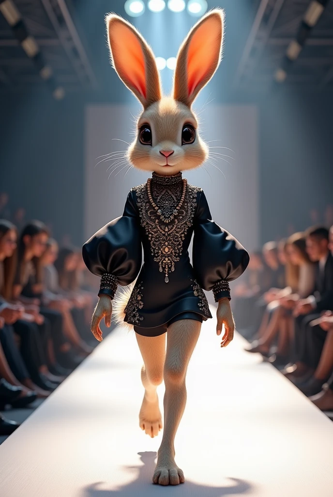 A beautiful rabbit wearing (tight mini dress), (shooting sleeve) , cloth walking down the runaway at a fashion show