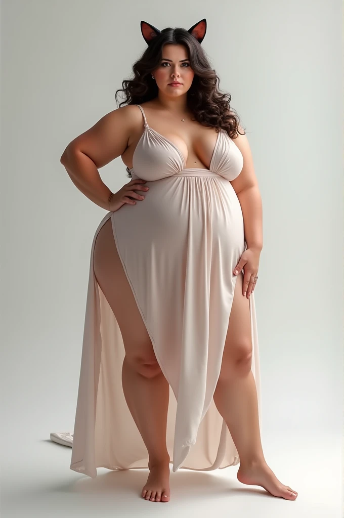 fantasy, huge boobs, curvy, girl, milf, beunette, sundress, standing, front view, cat ears, mole on right cheek, white background.