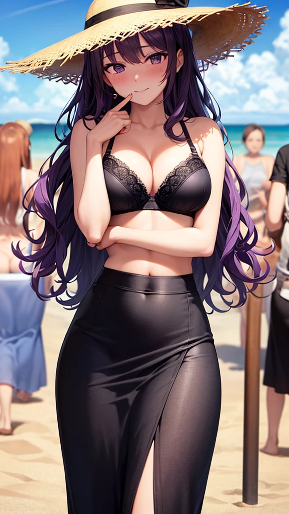 masterpiece, best quality, high detail, beautiful woman, solo focus, long wavy hair, purple hair, large bust, (black bra), (black maxi pencil skirt), tight skirt, black sun hat, purple, midriff, navel, wide hips, looking at viewer, full-face blush, light smile, hand on own cheek, beach, summer, cloudy sky,