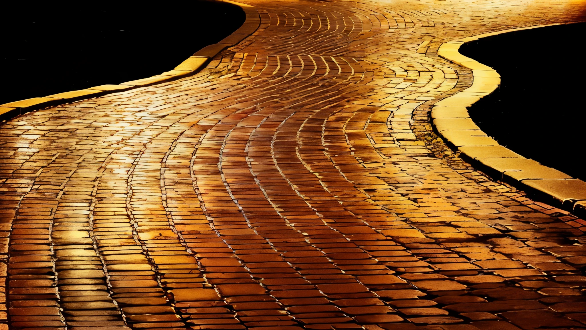 A close-up of a brick path with a bench on the side, paved, Composition of the golden curve, ((((dirt brick road)))), golden curve structure, Route, cobblestone road, bending, paved roads, Roads, Golden light, Golden light moteada, Walkways, Big road, gleaming gold, golden glitter, dramatic Golden light, interlacing Roads