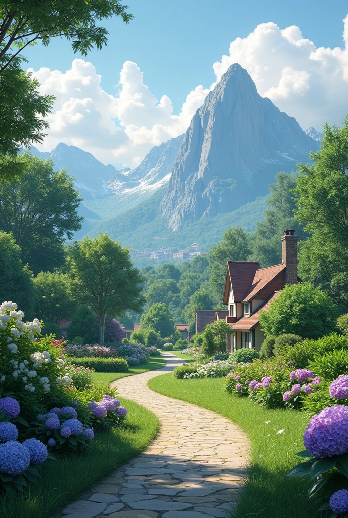 (ultra high res,photorealistic,best quality,photo-realistic),(8k,raw photo,best quality,masterplece),(photon mapping,radiosity,physically-based rendering,automatic white balance),real person,photograph,bridge, building, bush, city, cloud, day, door, fence, field,orest, garden, grass, house, hydrangea, mountain, nature, no_humans, outdoors, path, plant, potted_plant, purple_flower, road, scenery, sky, skyscraper, traditional_media, tree,