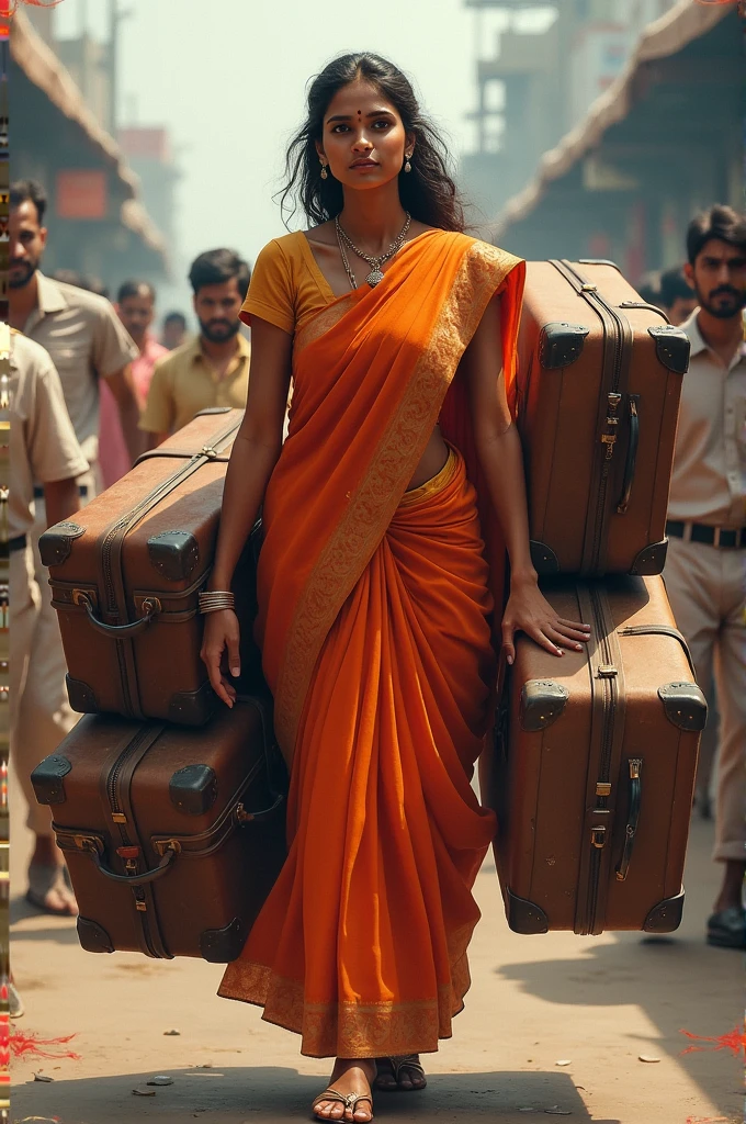 Woman in saree lift 4 hravy luggage 