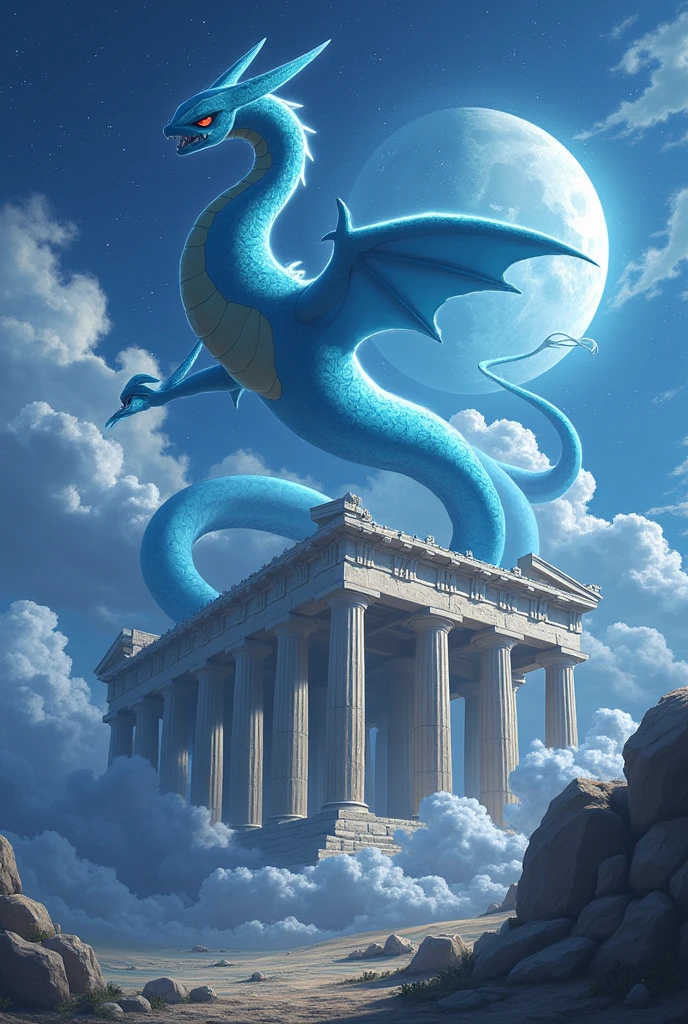 Pokemon mega Rayquaza in cloudy night above Greek temple near moon