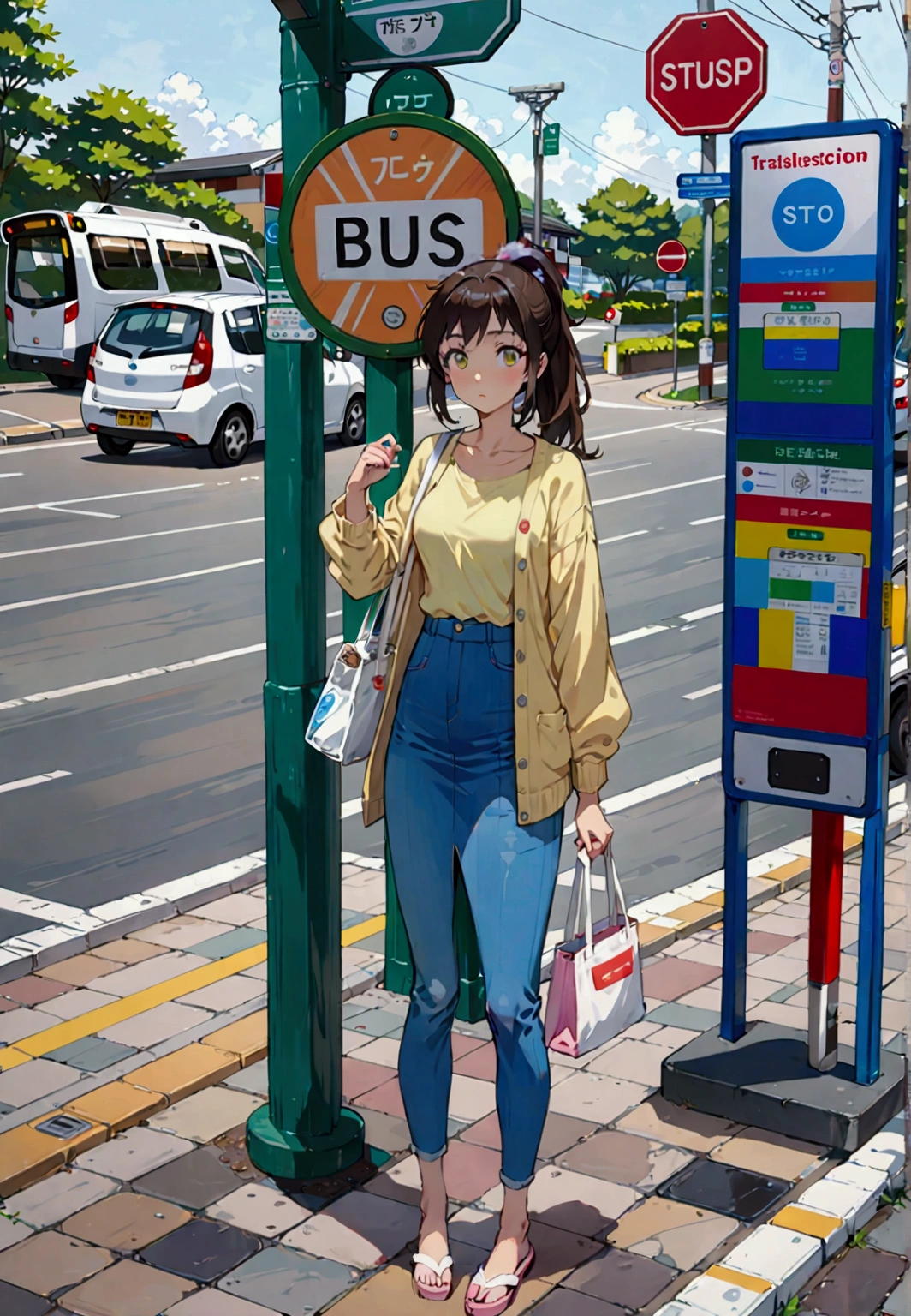 realistic anime illustration of pretty young woman is waiting at bus stop sign, looking at viewer, front view, she has black ponytail, wearing pastel yellow cardigan, t-shirt, denim pencil midi skirt, and white tote bag, (1girl, solo, full body), (masterpiece, best quality, japanese anime style), (expressive eyes, perfect face)