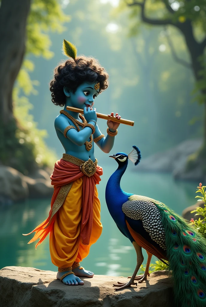 Cenmatic 4k photos little Krishna play with peacock with flute 