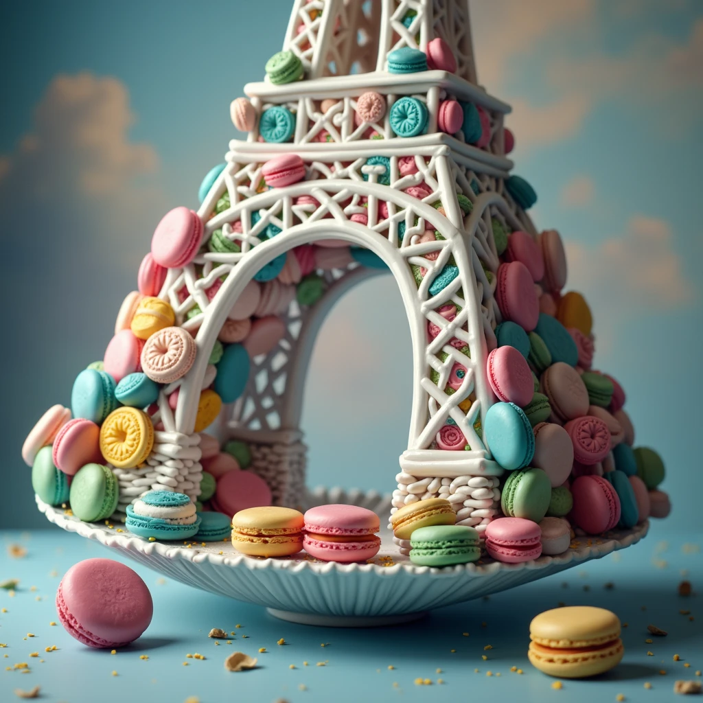 The Eiffel Tower in Paris is made entirely of colorful French highly detailed round macaroons with cream. The macarons of the tower must look real, edible, and colorful. not a model but a full-size structure. Emphasize the texture and detail of each macaron. the Eiffel Tower is against an authentic Parisian backdrop at sunset with dreamy clouds, vibrant colors, and a photorealistic, high-resolution, architectural masterpiece.