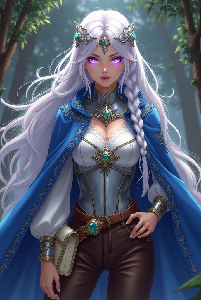 Lavender eyes. Magician People Woman, with long braided white hair. Blue cape decorated with silver embroidery and a detached hood. silver full breast corset, white blouse and brown pants as well as boots. Silver choker with emerald and silver headband with emerald Brown belt with cream colored pouch with coat of arms on it Works flower magic Manga style