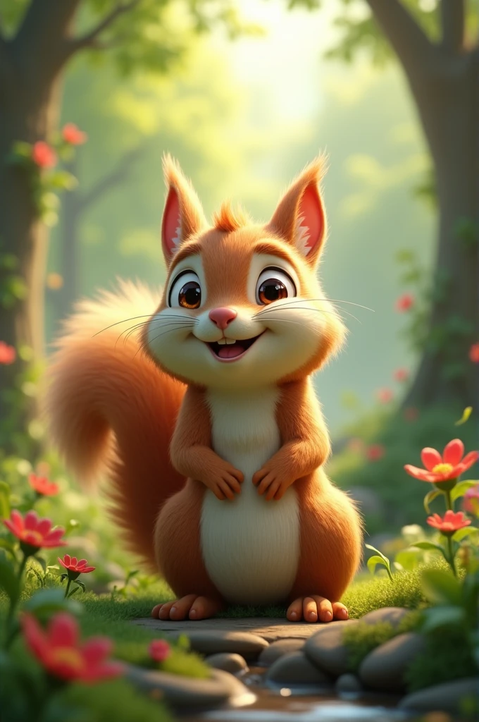 "Sammy the squirrel smiling with contentment, looking around at the now plentiful and vibrant forest, happy with the wish he made