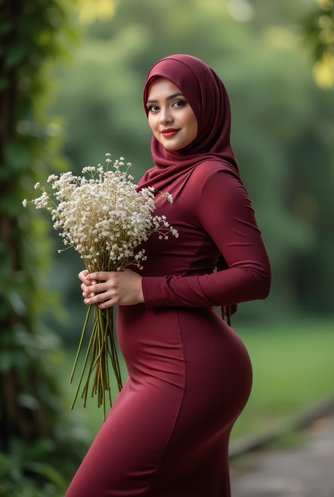 Hijab Malaysia . Sexy pose. Long maxi dress. Big breast. Bokeh 200mm shoot. At garden . Half body portrait. Holding bunch of flowers. Very sexy body type. Tight dress