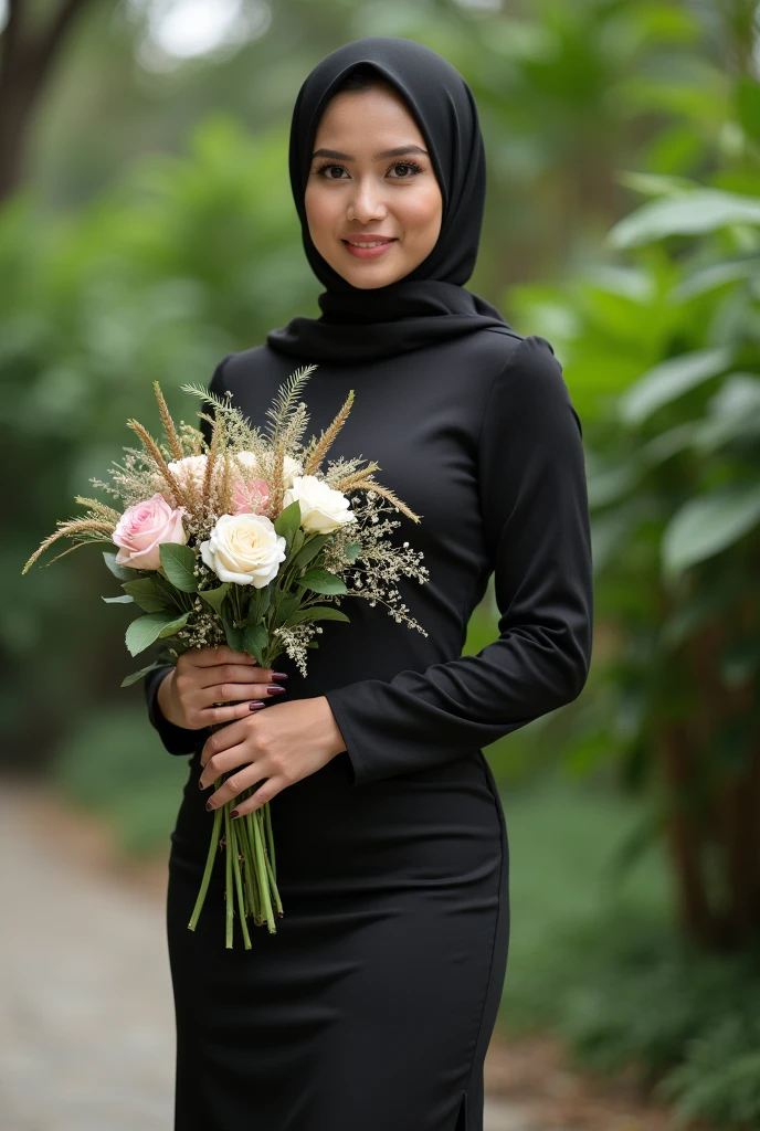 Hijab Malaysia . Sexy pose. Long maxi dress. Big breast. Bokeh 200mm shoot. At garden . Half body portrait. Holding bunch of flowers. Very sexy body type. Tight dress