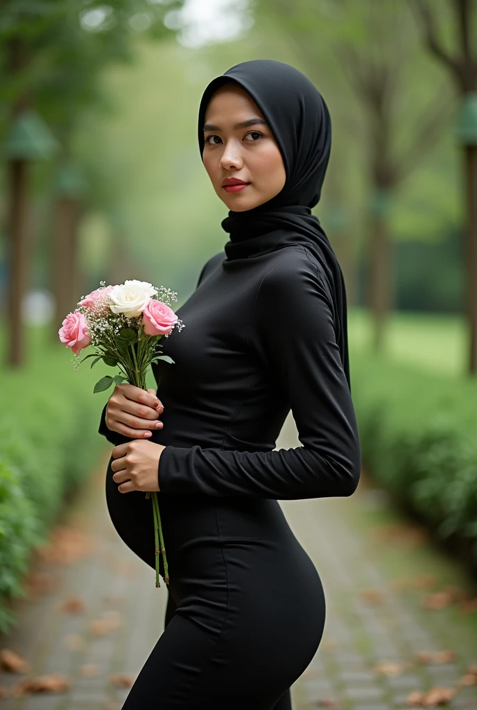 Hijab Malaysia . Sexy pose. Long maxi dress. Big breast. Bokeh 200mm shoot. At garden . Half body portrait. Holding bunch of flowers. Very sexy body type. Tight dress