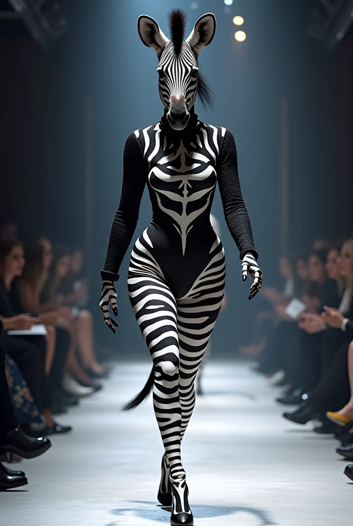 A beautiful zebra wearing (tight mini dress), (shooting sleeve) , cloth walking down the runaway at a fashion show
