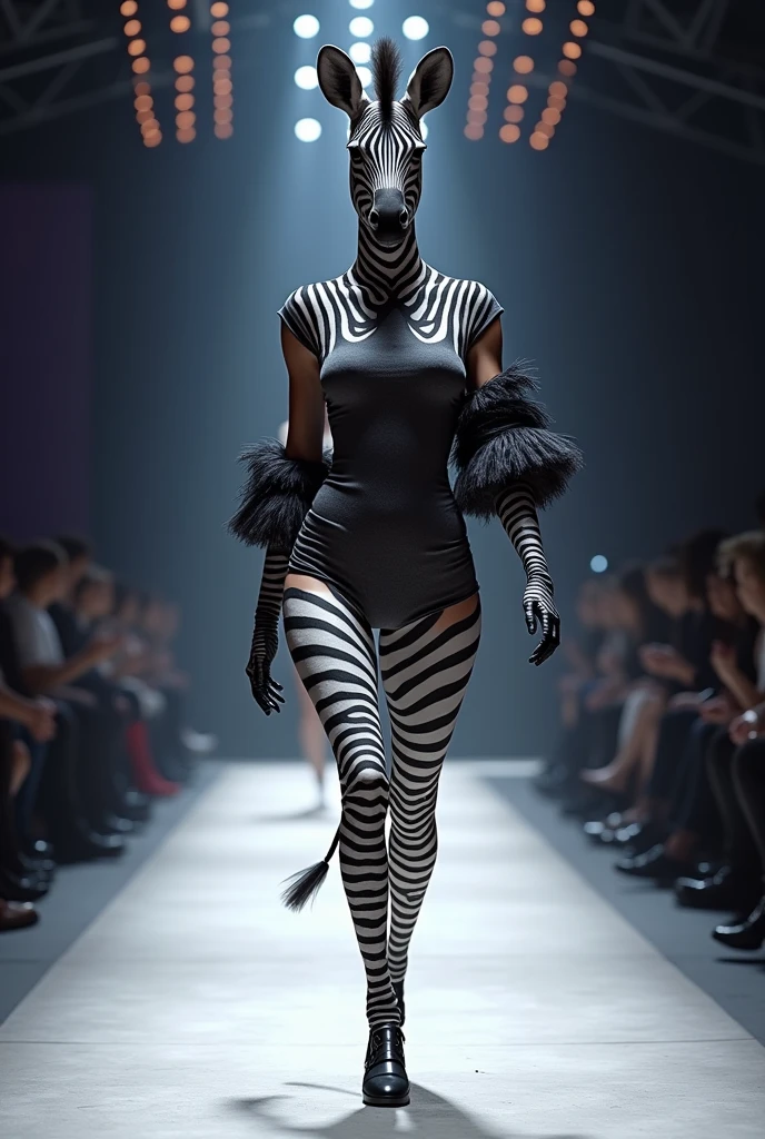 A beautiful zebra wearing (tight mini dress), (shooting sleeve) , cloth walking down the runaway at a fashion show
