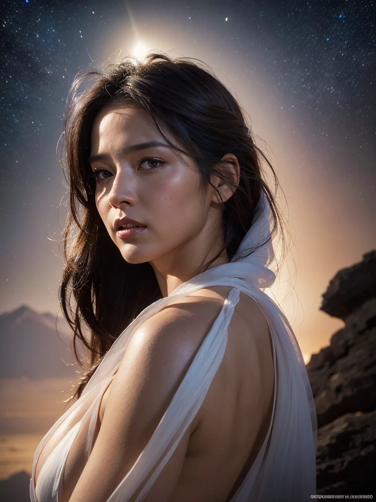 Photo, 8k portrait of a beautiful Mayan woman , brown skin ,with brown hair, translucent white dress,, very detailed, majestic, arte de artgerm y ruan jia y greg rutkowski pintura surrealist obra maestra, side lighting, beautiful finely detailed eyes: 1.2, HdR, realist, High Definition. Fantasy art style, Boris Vallejo. night sky